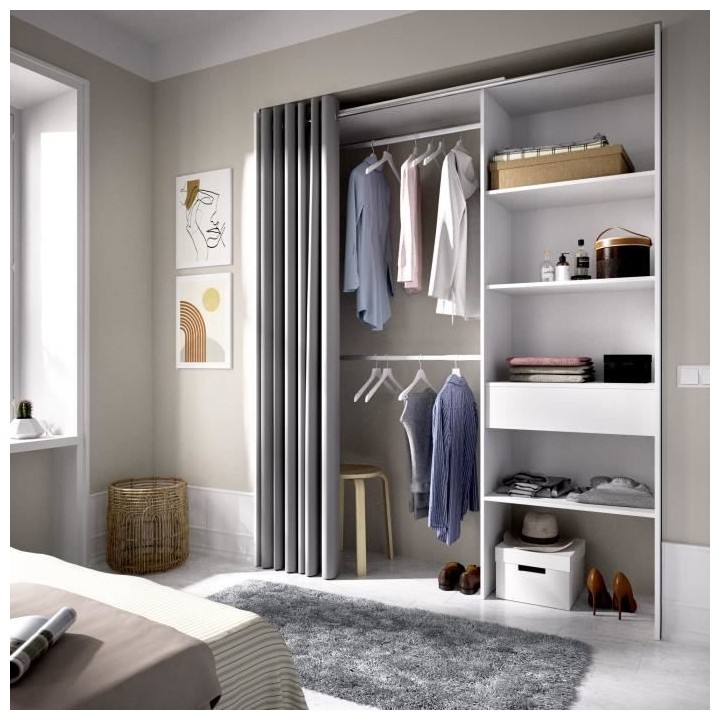 Dressing extensible avec rideau + 1 tiroir - Décor Blanc - L 160-113