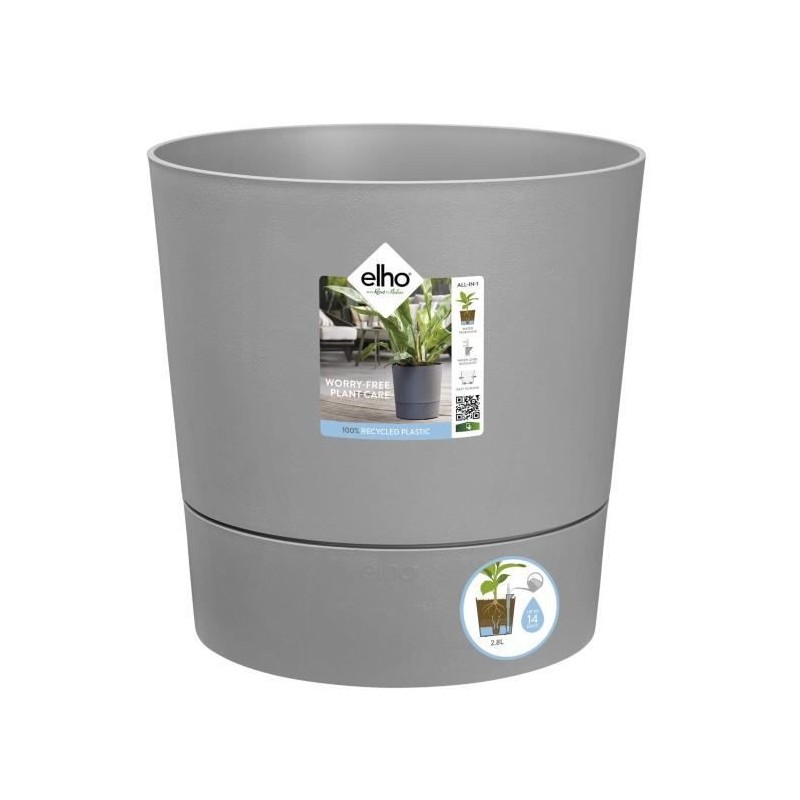 ELHO - Pot de fleurs - Greensense Aqua Care Rond 30 - Ciment Clair - Intérieur/extérieur - Ø 29.5 x H 29.1 cm