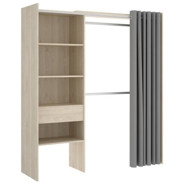 Dressing extensible avec rideau + 1 tiroir - Décor chene naturel - L