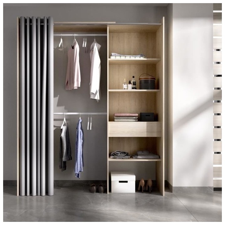 Dressing extensible avec rideau + 1 tiroir - Décor chene naturel - L