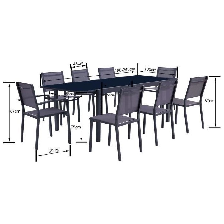 Ensemble repas de jardin 6 a 8 personnes Alu.- Table extensible 180/24