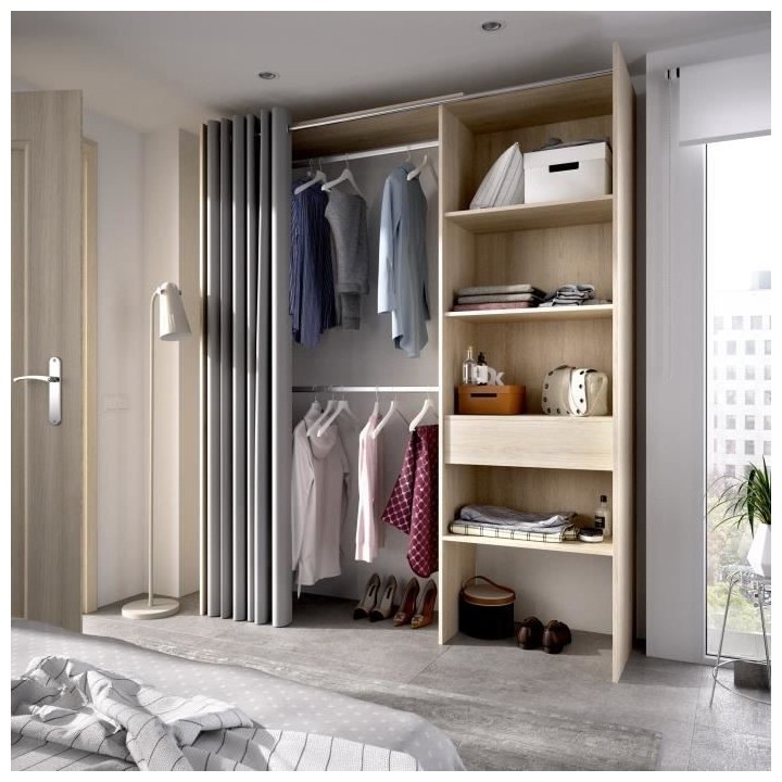 Dressing extensible avec rideau + 1 tiroir - Décor chene naturel - L