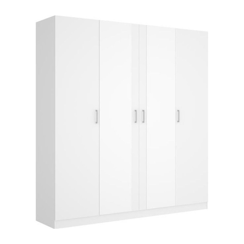 Armoire avec miroir - En panneaux de particules - Blanc - 4 portes - Style Essentiel - Chambre - L 200 x P 52 x H 215cm - MAXI