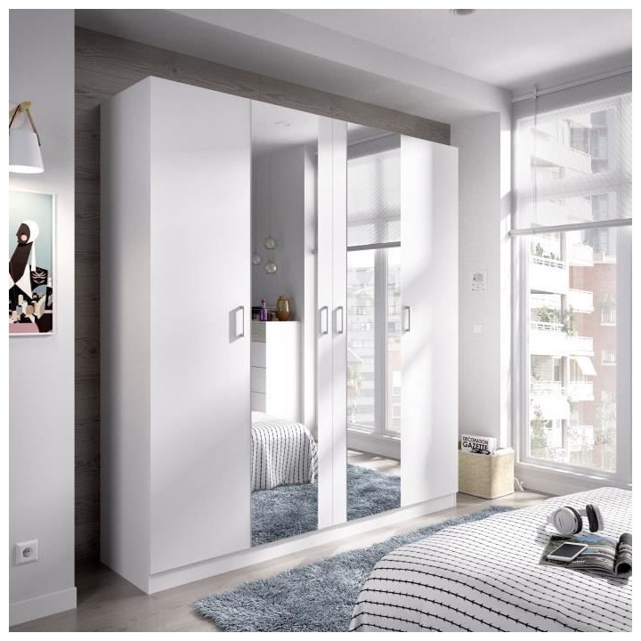 Armoire avec miroir - En panneaux de particules - Blanc - 4 portes - S