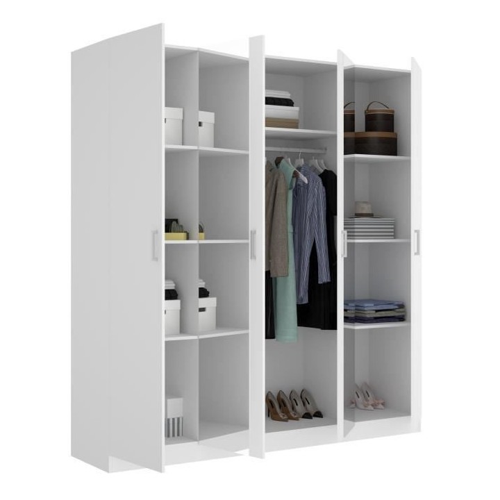 Armoire avec miroir - En panneaux de particules - Blanc - 4 portes - S