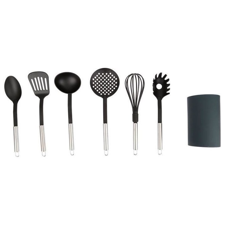 EQUINOX - Set d'ustensiles 6 pieces en nylon - manches en inox + pot d