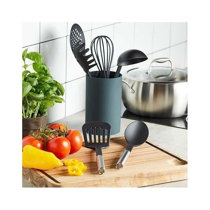 EQUINOX - Set d'ustensiles 6 pieces en nylon - manches en inox + pot d