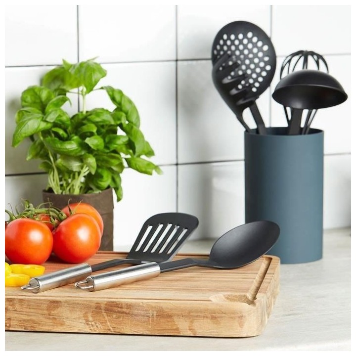 EQUINOX - Set d'ustensiles 6 pieces en nylon - manches en inox + pot d