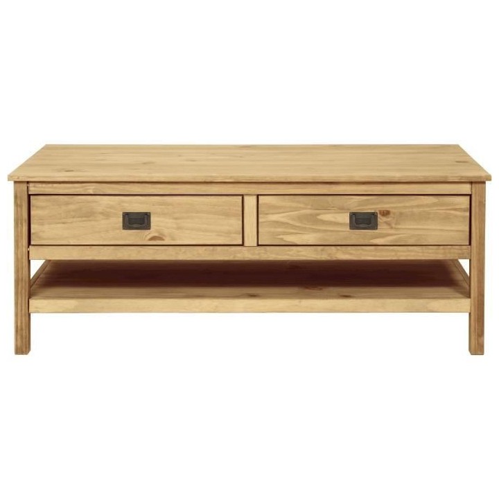 Table basse rectangulaire - En pin massif - 2 tiroirs + 1 étagere - L