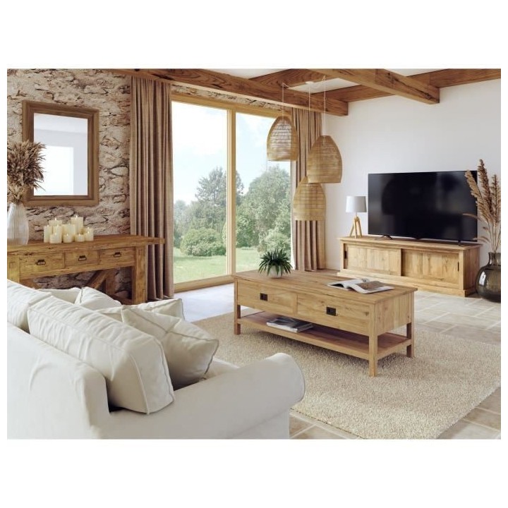 Table basse rectangulaire - En pin massif - 2 tiroirs + 1 étagere - L
