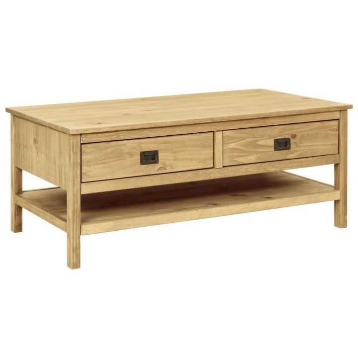 Table basse rectangulaire - En pin massif - 2 tiroirs + 1 étagere - L