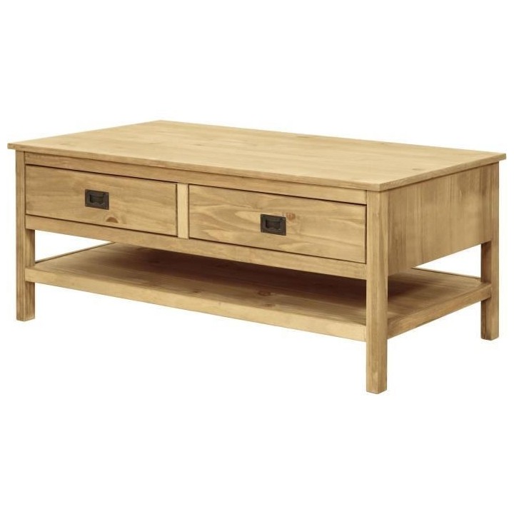 Table basse rectangulaire - En pin massif - 2 tiroirs + 1 étagere - L