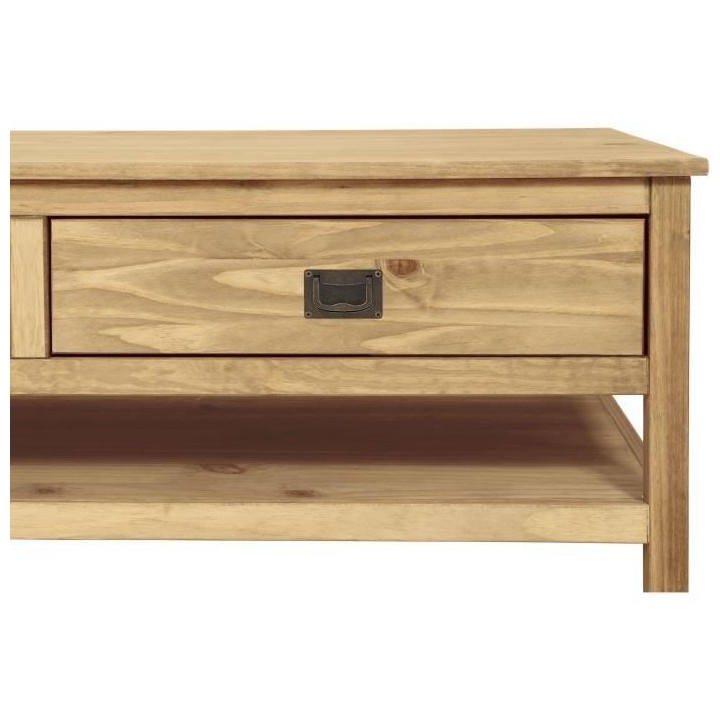 Table basse rectangulaire - En pin massif - 2 tiroirs + 1 étagere - L