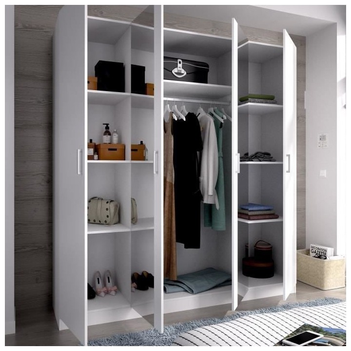 Armoire avec miroir - En panneaux de particules - Blanc - 4 portes - S