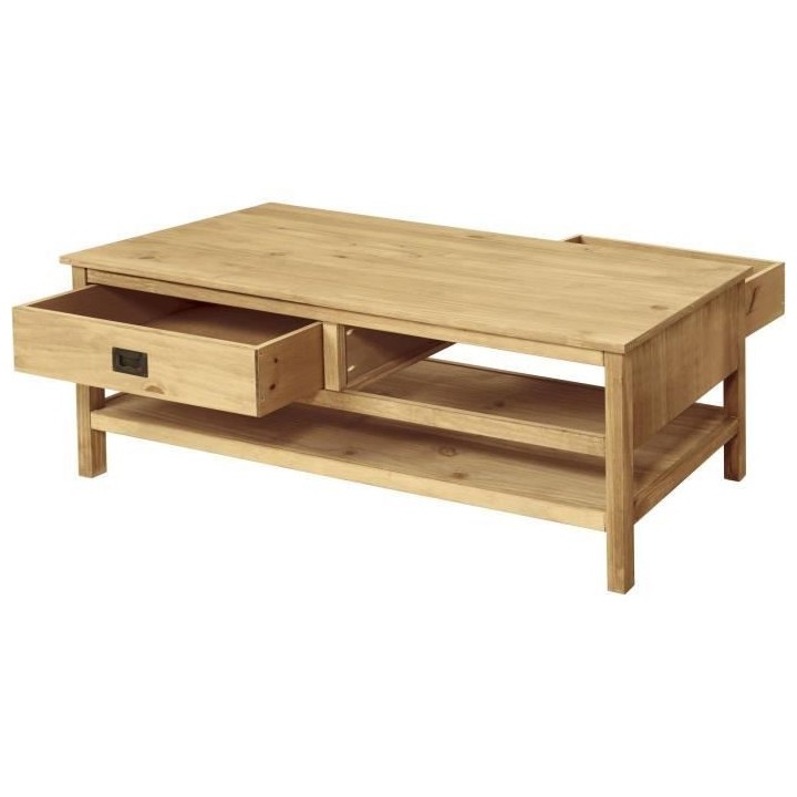 Table basse rectangulaire - En pin massif - 2 tiroirs + 1 étagere - L