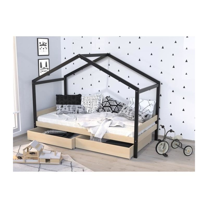 WEBER ETOILE Lit cabane enfant 90x190 cm avec tiroirs - Bois pin massif - Naturel et noir - Sommier inclus