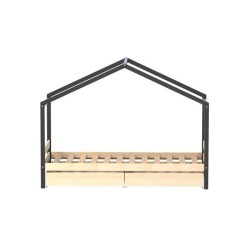 WEBER ETOILE Lit cabane enfant 90x190 cm avec tiroirs - Bois pin massif - Naturel et noir - Sommier inclus