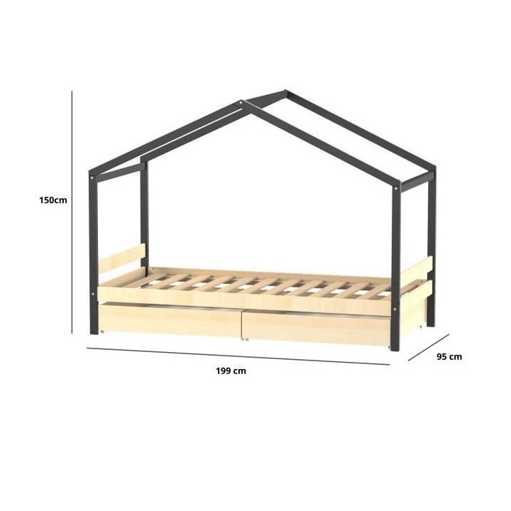 WEBER ETOILE Lit cabane enfant 90x190 cm avec tiroirs - Bois pin massi