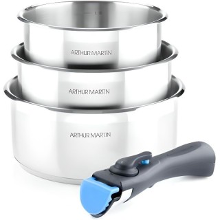 ARTHUR MARTIN 5531 Set de 3 casseroles Inox 16-18-20 cm + 1 poignée -