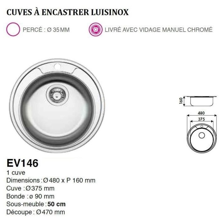 EWI CUVE RONDE DIAMETRE 48CM INOX LISSE VIDAGE MANUEL