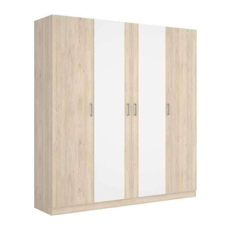 Armoire avec miroir - En panneaux de particules - Décor chene - 4 portes - Style Essentiel - L 200 x P 52 x H 215cm - MAXI