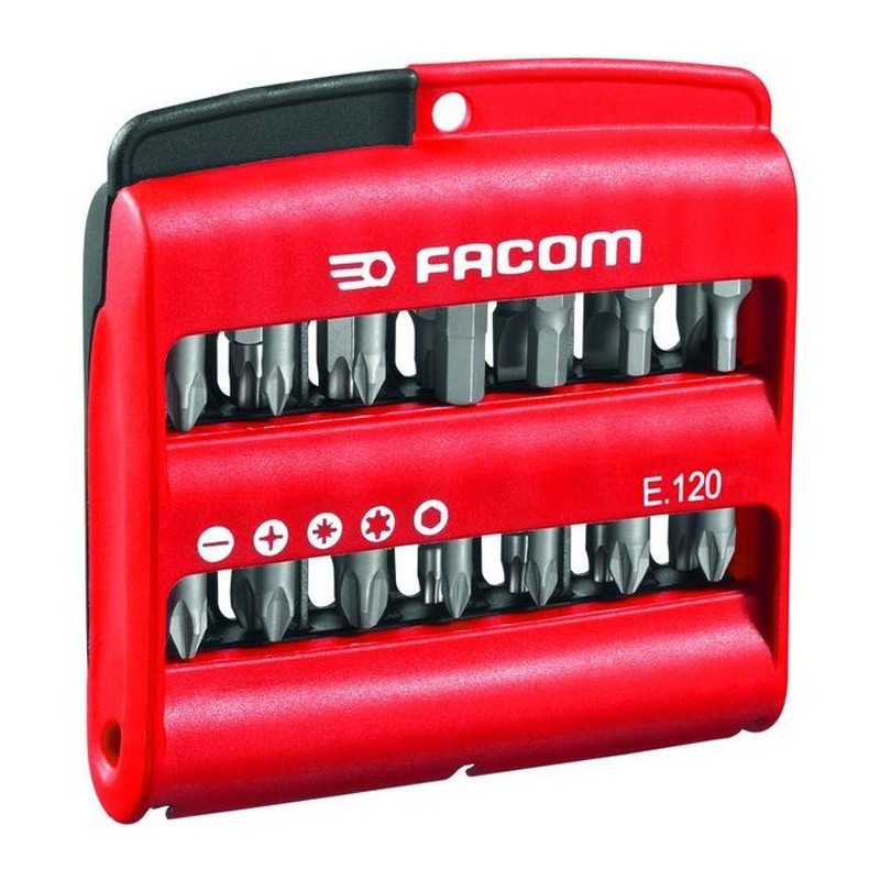 Etui de 28 Embouts + Porte-embouts court a jonc FACOM E.120PB (3 empreintes Fente + 6 Prozidriv + 6 Phillips + 9 Torx + 4 x 6 pa