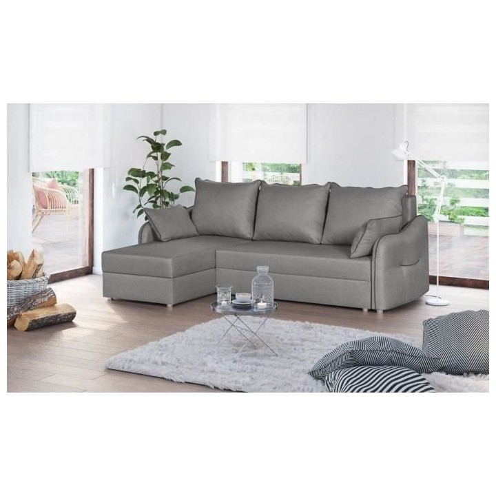 Canapé d'angle 4 places convertible réversible + coffre - Tissu gris