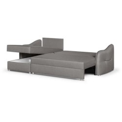 Canapé d'angle 4 places convertible réversible + coffre - Tissu gris clair et passepoil gris - L 240 x P 158 x H 93 cm - FADO