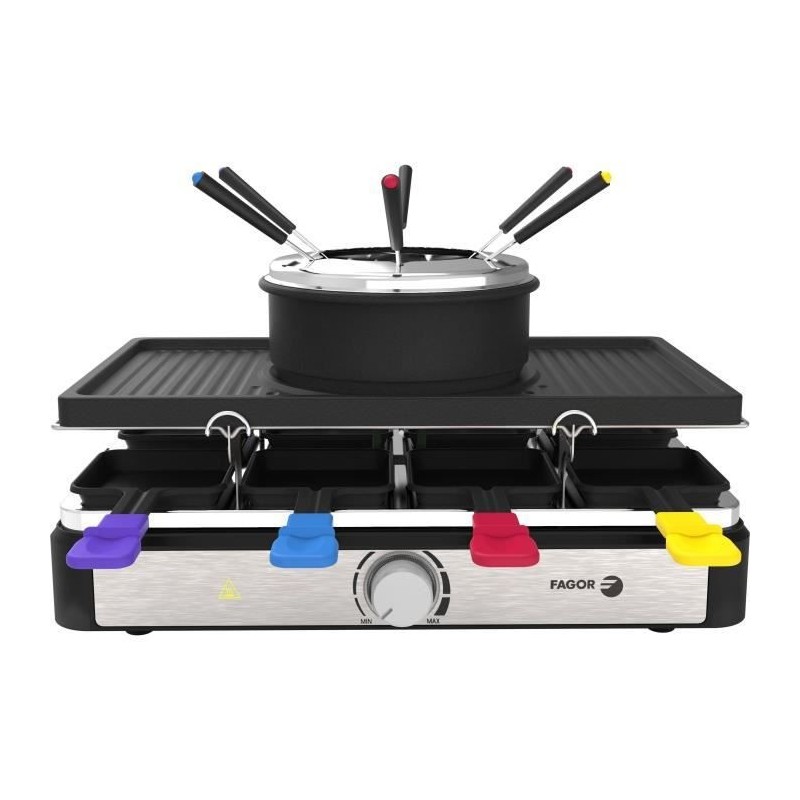 Appareil combiné 3 en 1 Raclette + Fondue + Grill - FAGOR FG369 - 1400 W - 8 poelons + 6 pics a fondue - 1,3 L