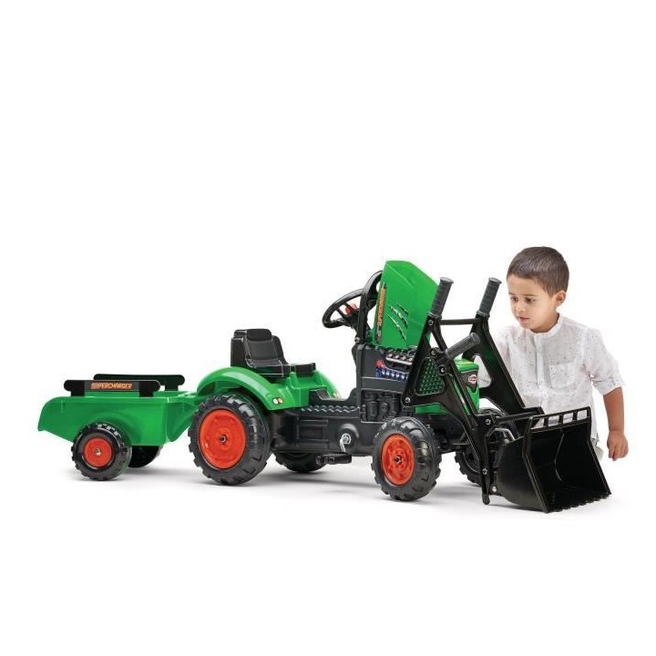 FALK - Tracteur a pédales Supercharger vert avec pelle avant, capot o