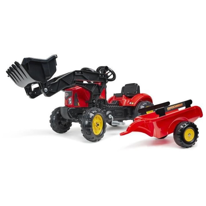 Tracteur a pédales Supercharger rouge avec capot ouvrant et remorque