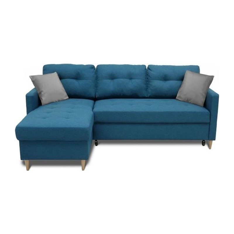 Canapé d'angle convertible réversible 4 places FALSLEV - Tissu bleu canard - Coffre + 2 coussins gris - L 215 x P 144 x H 90 c