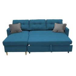 Canapé d'angle convertible réversible 4 places FALSLEV - Tissu bleu canard - Coffre + 2 coussins gris - L 215 x P 144 x H 90 c