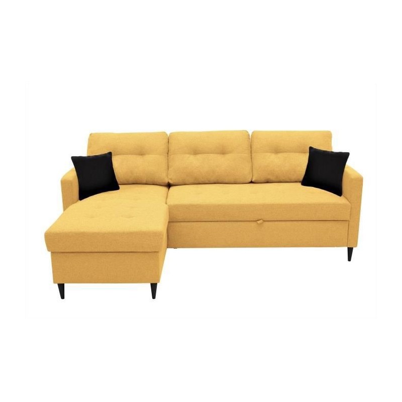 Canapé d'angle fixe réversible FALSLEV - Tissu jaune + 2 coussins noir - L 215 x P 145 x H 93 cm