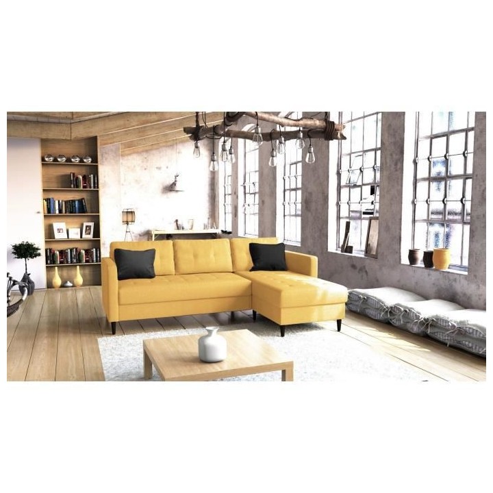 Canapé d'angle fixe réversible FALSLEV - Tissu jaune + 2 coussins no