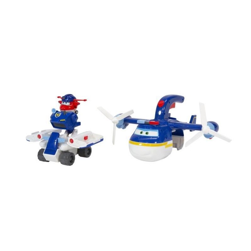 SUPER WINGS – AVION JOUET POLICE PATROLLER + 1 FIGURINE JETT POLICE – Avion Jouet Géant et Figurine Transform-a-Bots Jett P