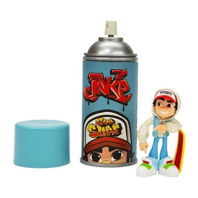 SUBWAY SURFERS – FIGURINE JAKE AVEC SKATEBOARD – Spray et Figurine Jake et son Skate en Vinyle de 10 cm avec Autocollant a C