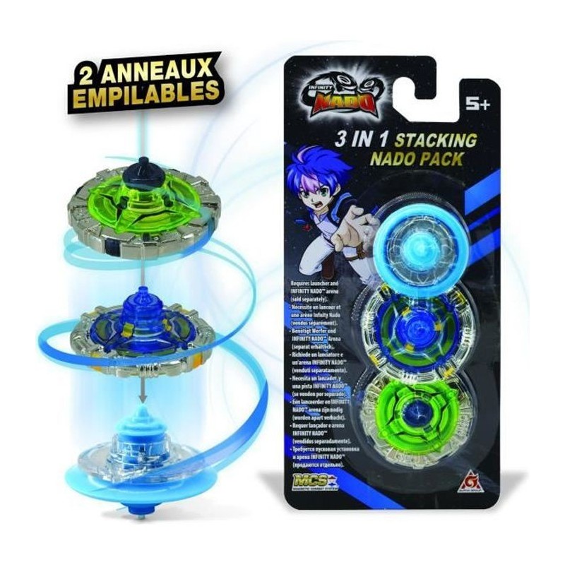 INFINITY NADO – TOUPIE NADO ET 2 ANNEAUX EMPILABLES – Pack 3 en 1 Exclusif avec 1 Mini Toupie Bleue et 2 Anneaux Infinity Na