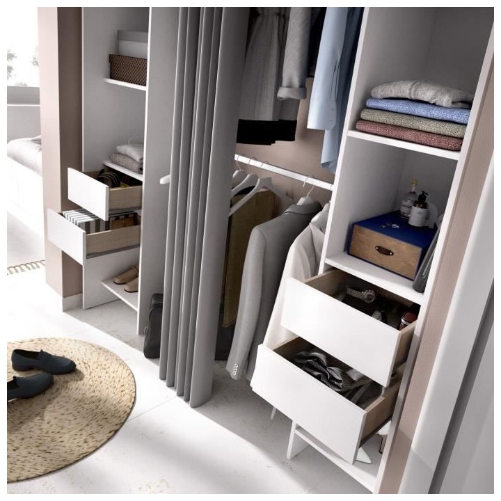 SUIT Dressing extensible avec rideau + 4 tiroirs - Décor Blanc - L 18