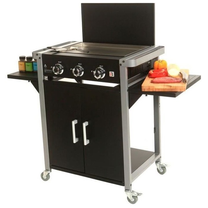 Plancha a gaz sur chariot 3 feux - Inox - 121x53,5x92,5 cm