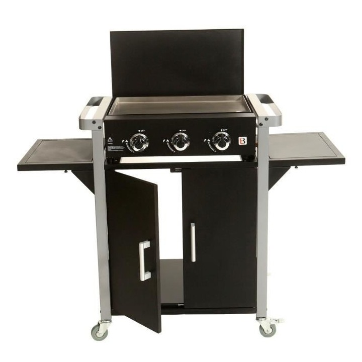 Plancha a gaz sur chariot 3 feux - Inox - 121x53,5x92,5 cm