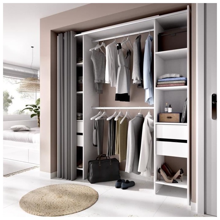 SUIT Dressing extensible avec rideau + 4 tiroirs - Décor Blanc - L 18