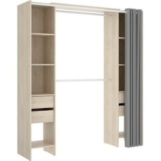 Dressing extensible avec rideau + 4 tiroirs - Décor chene naturel - L