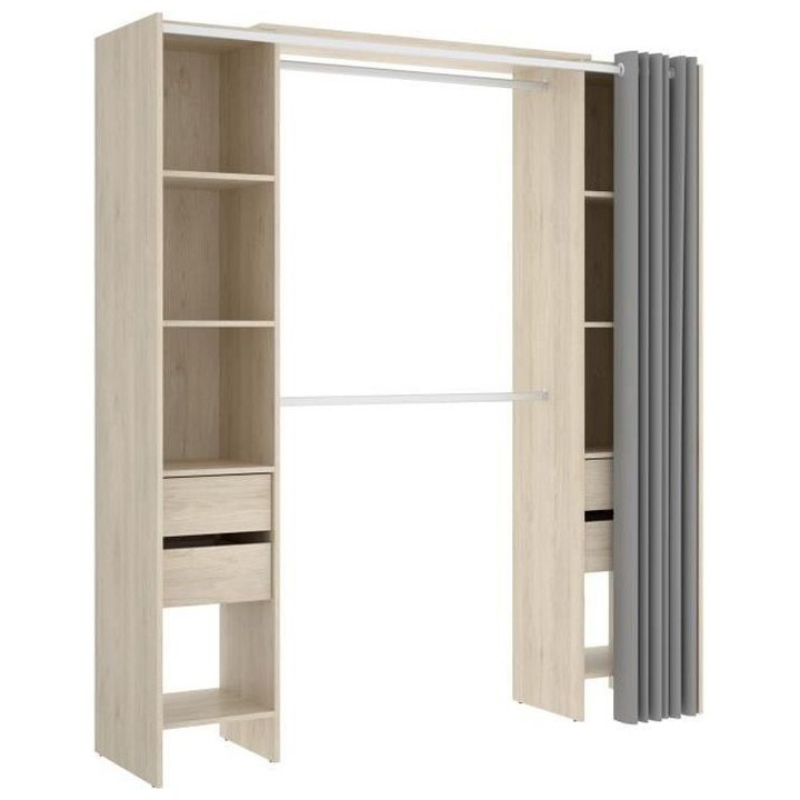 Dressing extensible avec rideau + 4 tiroirs - Décor chene naturel - L