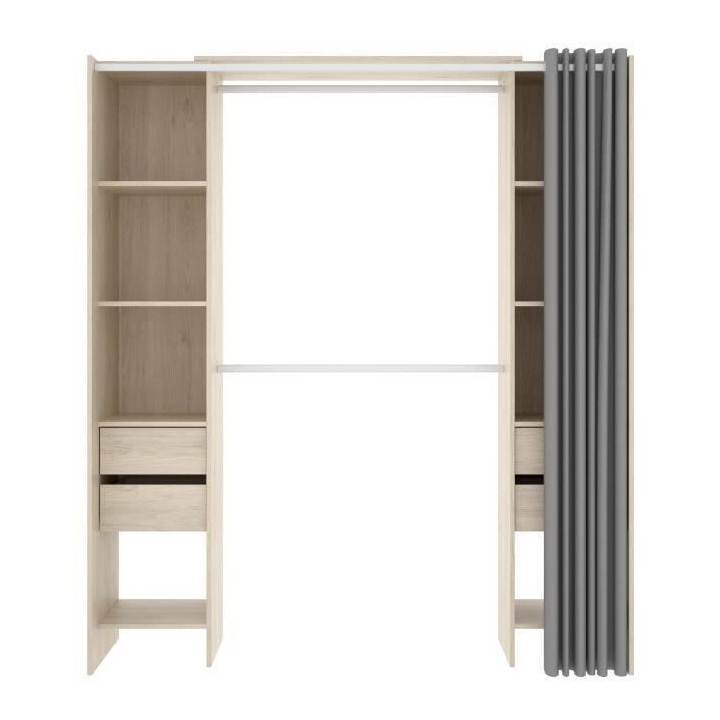Dressing extensible avec rideau + 4 tiroirs - Décor chene naturel - L