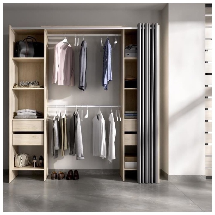 Dressing extensible avec rideau + 4 tiroirs - Décor chene naturel - L