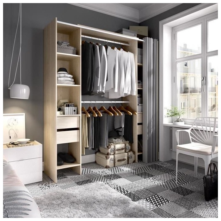 Dressing extensible avec rideau + 4 tiroirs - Décor chene naturel - L