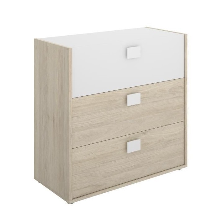Commode enfant 3 tiroirs - Décor Blanc/chene - L80 x P43 x H81 cm