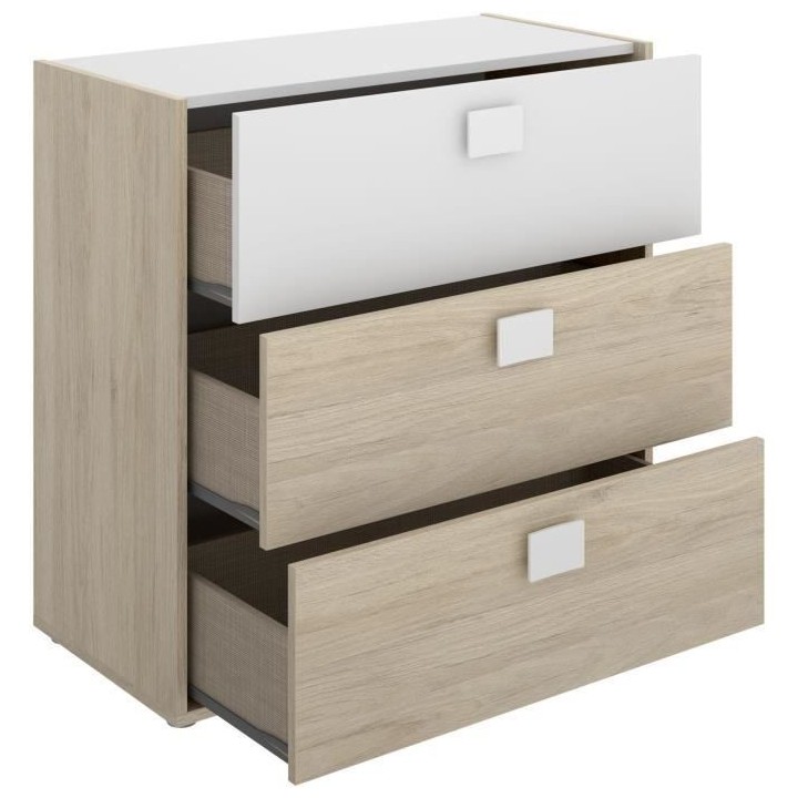 Commode enfant 3 tiroirs - Décor Blanc/chene - L80 x P43 x H81 cm