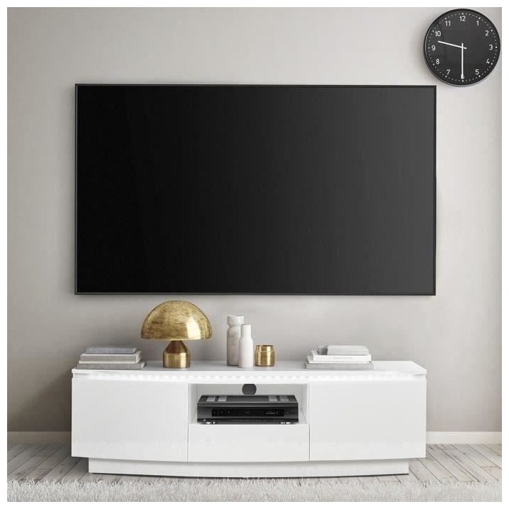 Meuble TV LED Style contemporain FLORENCE - Blanc brillant - 2 portes